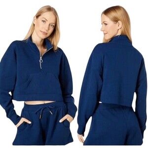 WeWoreWhat Half Zip Cropped Terry Pullover in Dress Blue Sz S